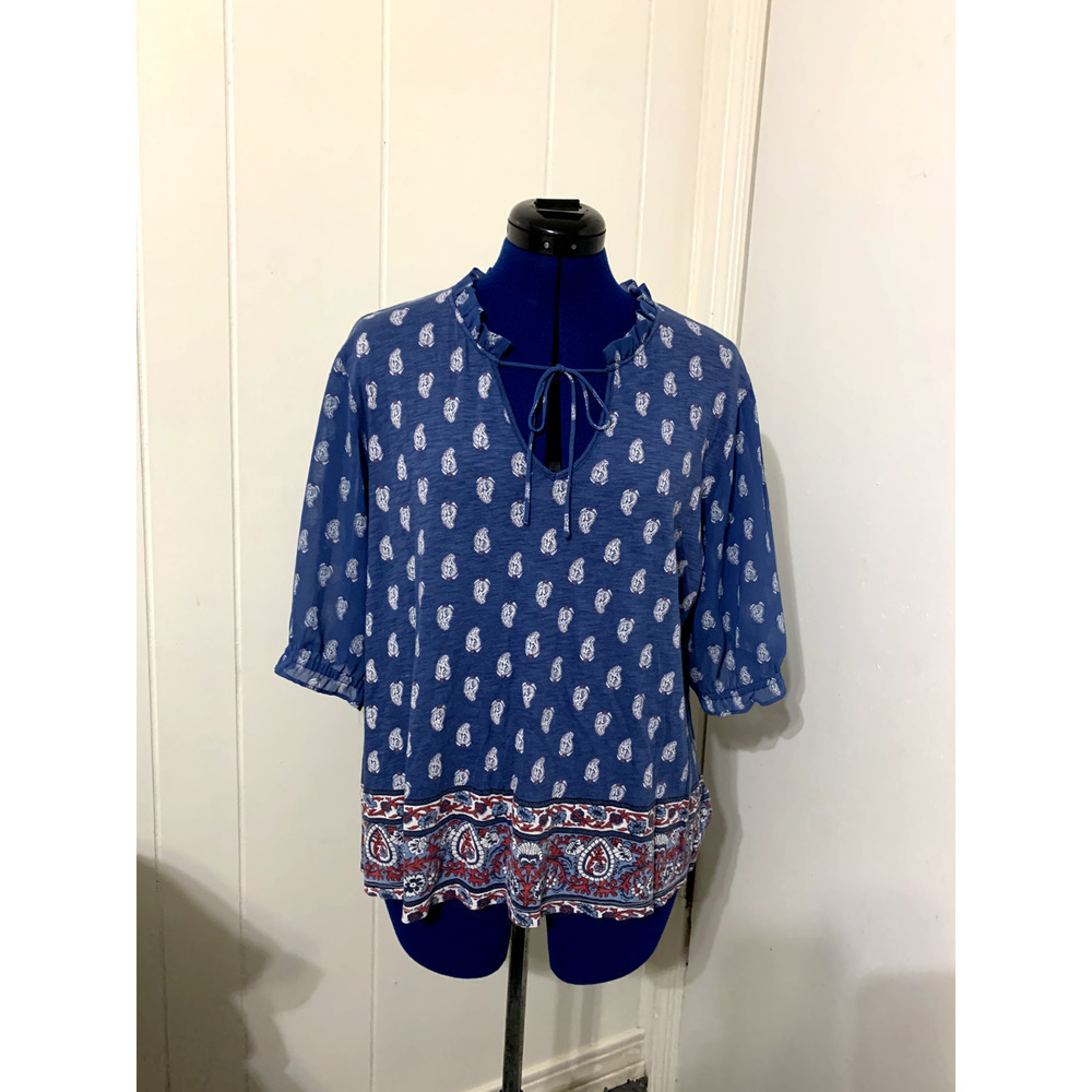Lucky Brand Women's Peasant Top XL Paisley Sheer 3/4 Sleeve Boho Hippie Resort